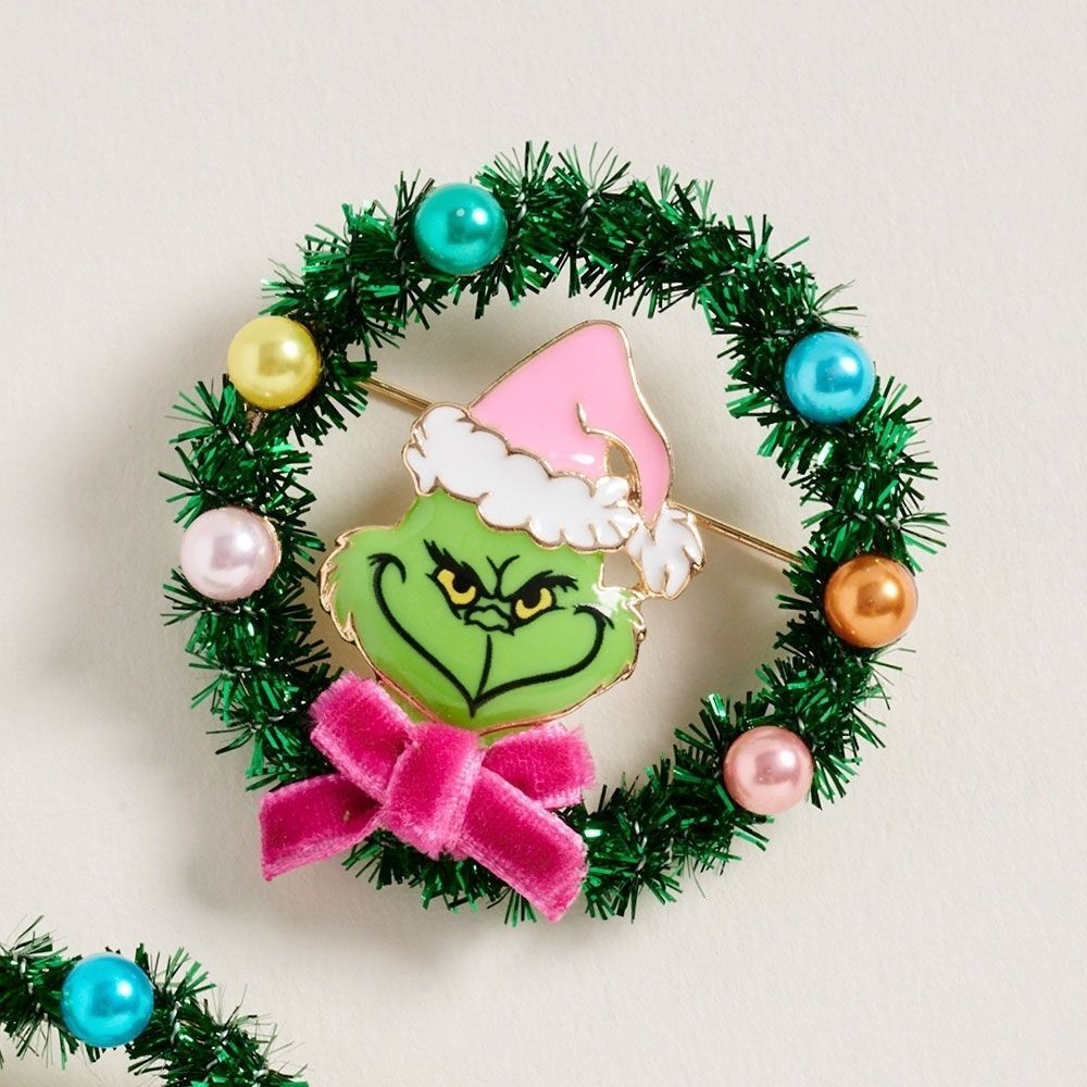 Pink Green Wreath Grinch Pearl Bow Christmas Brooch Pin Statement Accessory